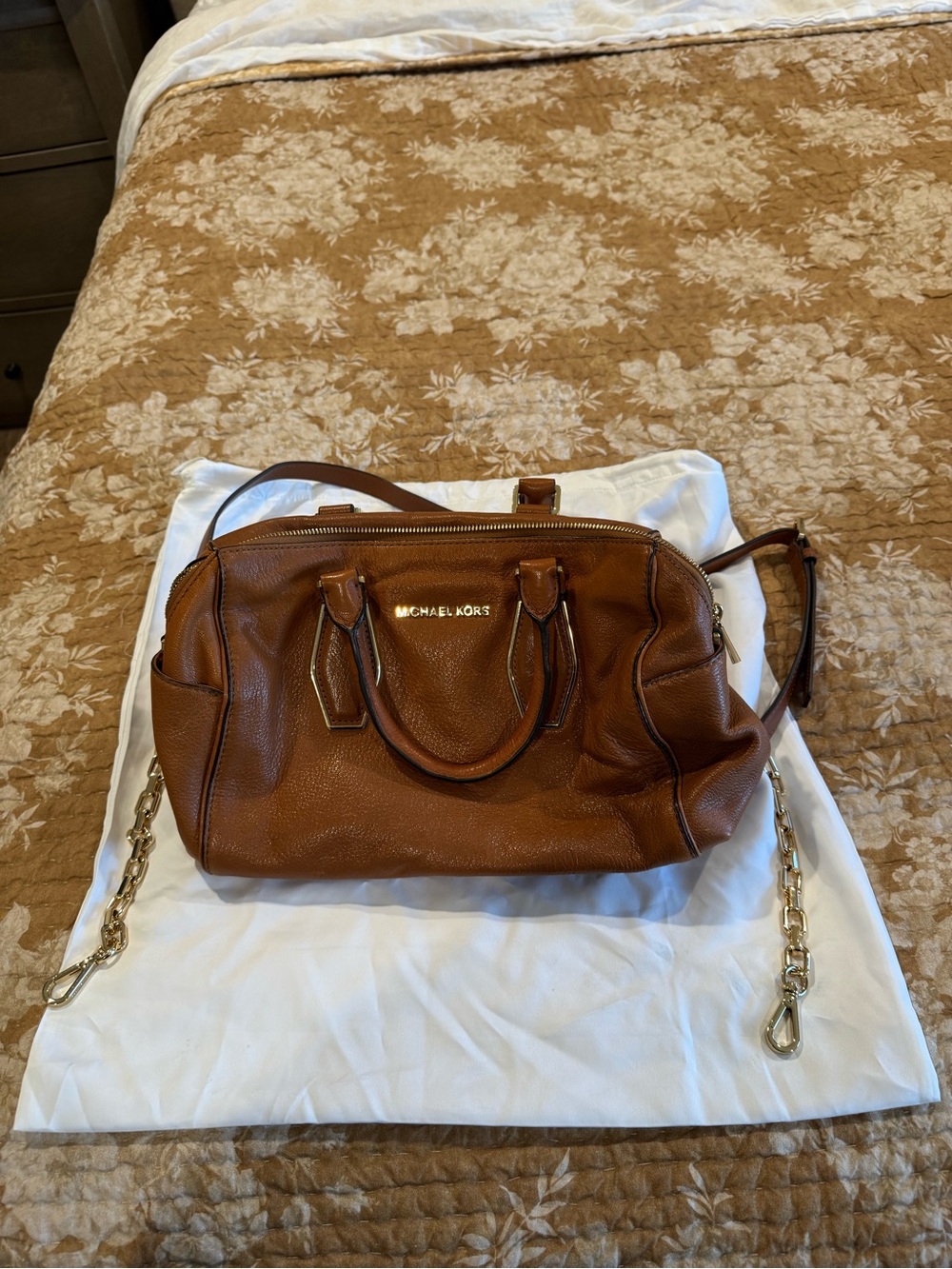 Michael Kors Cognac Leather Satchel with Gold Chain Trim